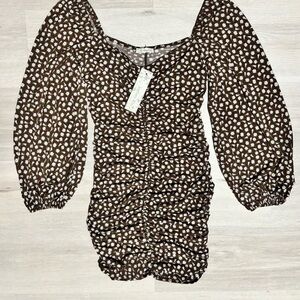 Elegant Brown Floral Ruched Dress